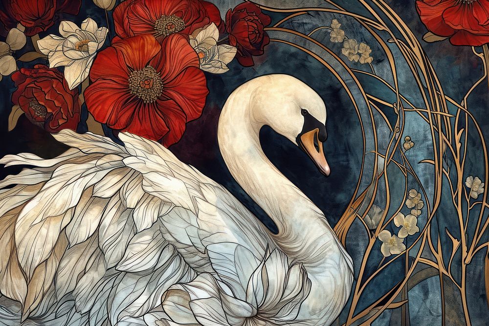 Swan and flowers swan art painting.