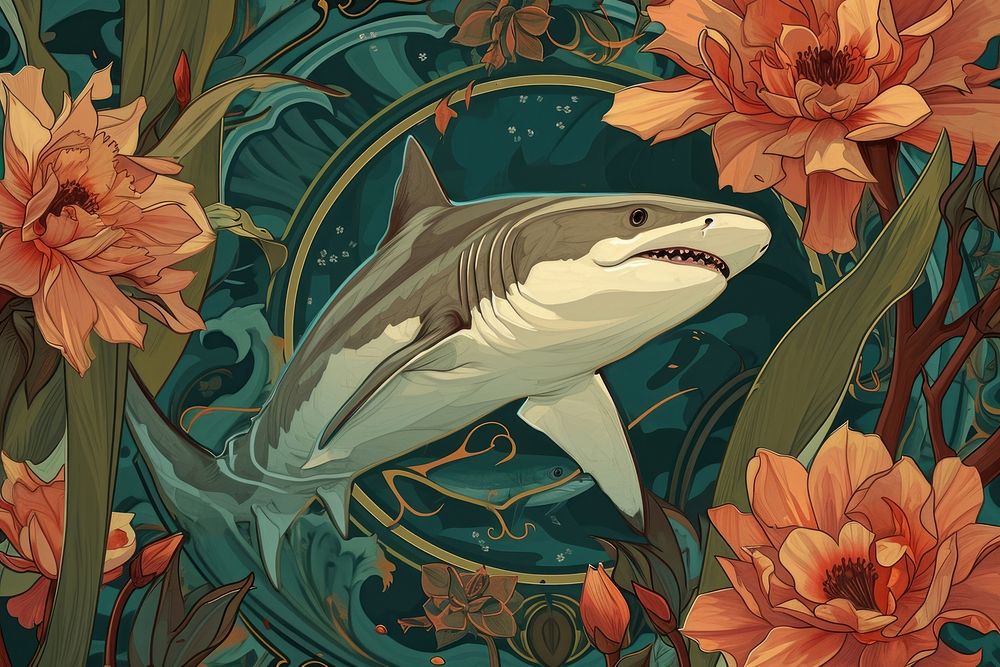 Shark and flowers shark art painting.