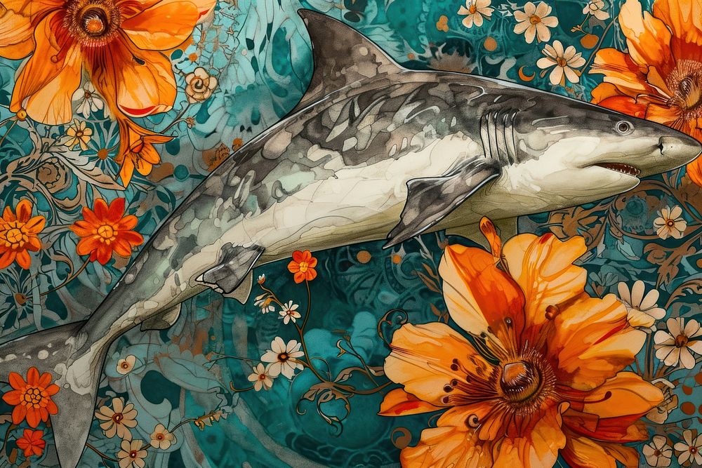 Shark and flowers shark art painting.
