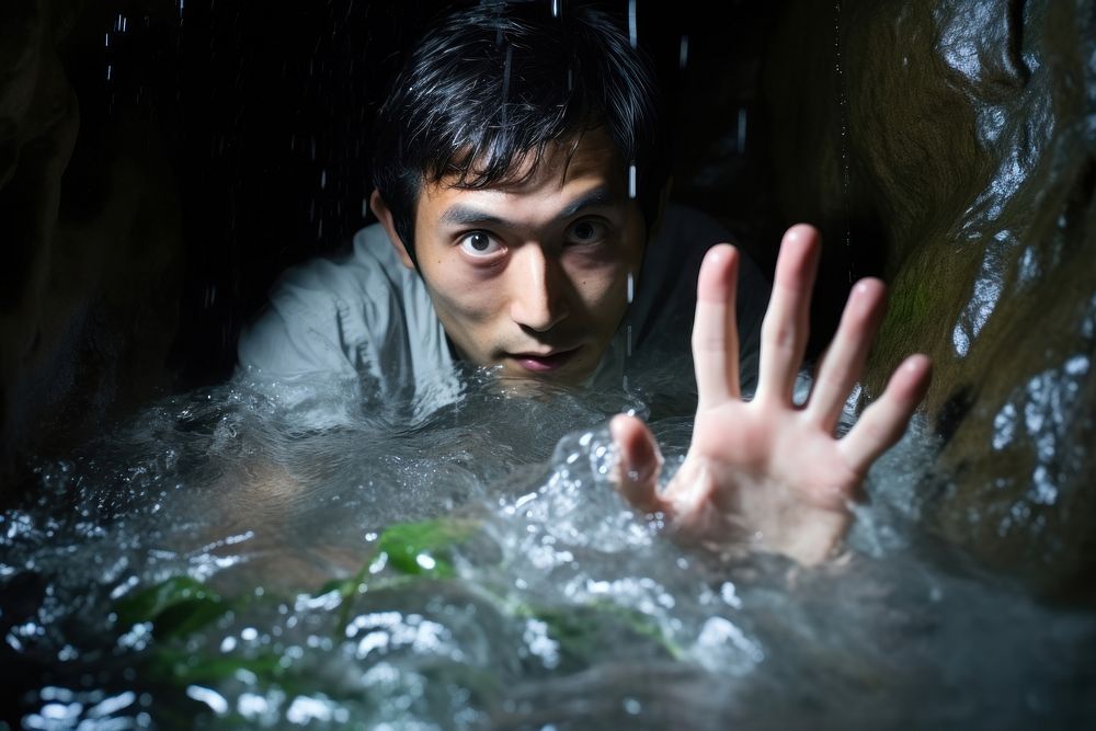 East Asian Cooling Off in a Waterfall Oasis portrait photo photography. AI generated Image by rawpixel.
