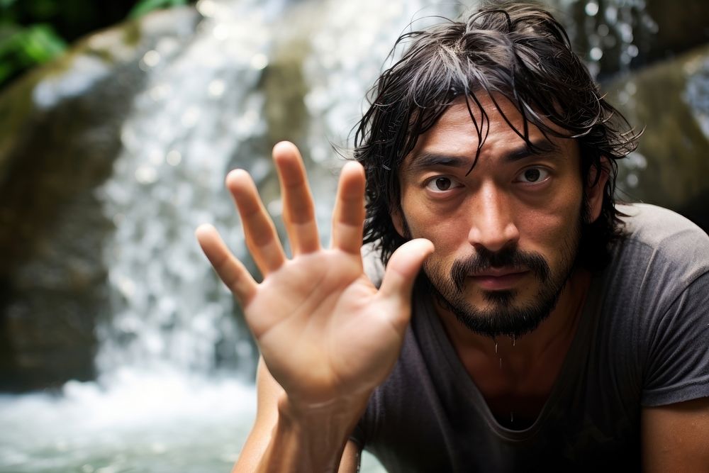East Asian Cooling Off in a Waterfall Oasis portrait finger adult. AI generated Image by rawpixel.