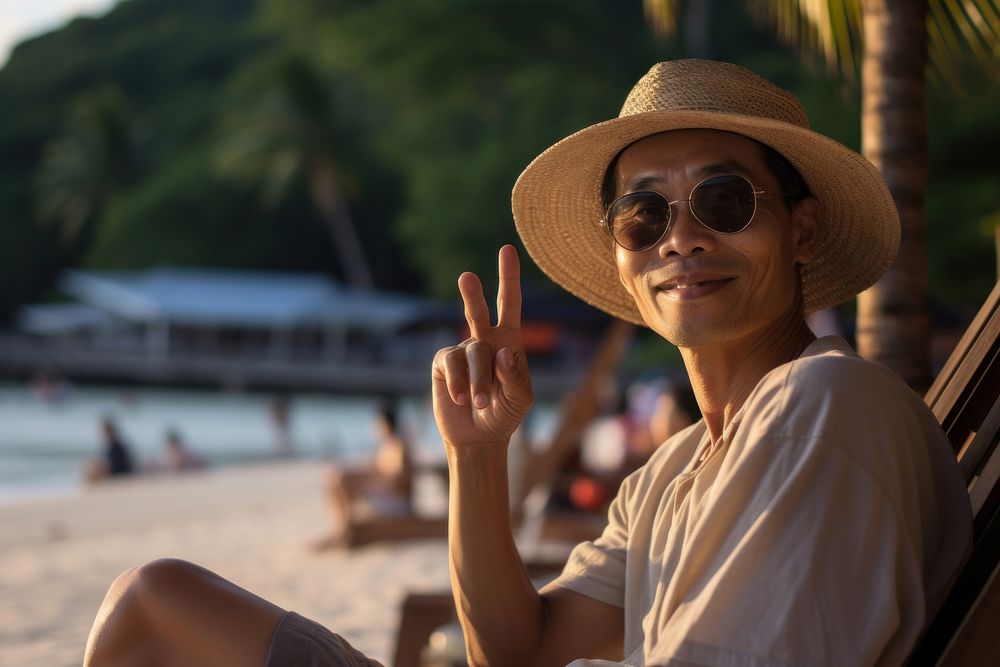 Japanese Asian relaxing at Railay Beach beach sunglasses portrait. AI generated Image by rawpixel.