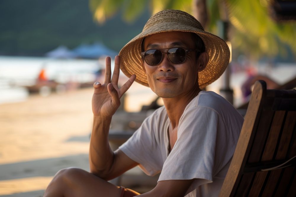 Japanese Asian relaxing at Railay Beach glasses sitting chair. AI generated Image by rawpixel.