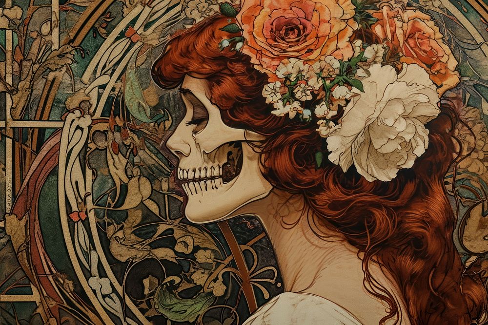 Skull and flowers art painting person.