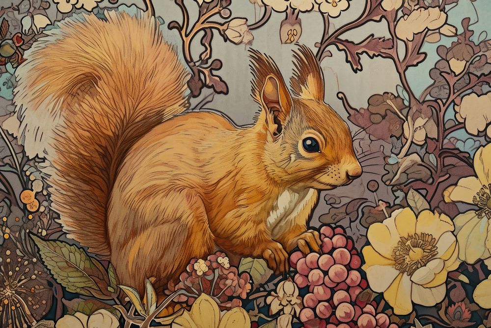 Squirrel and flowers art painting animal.