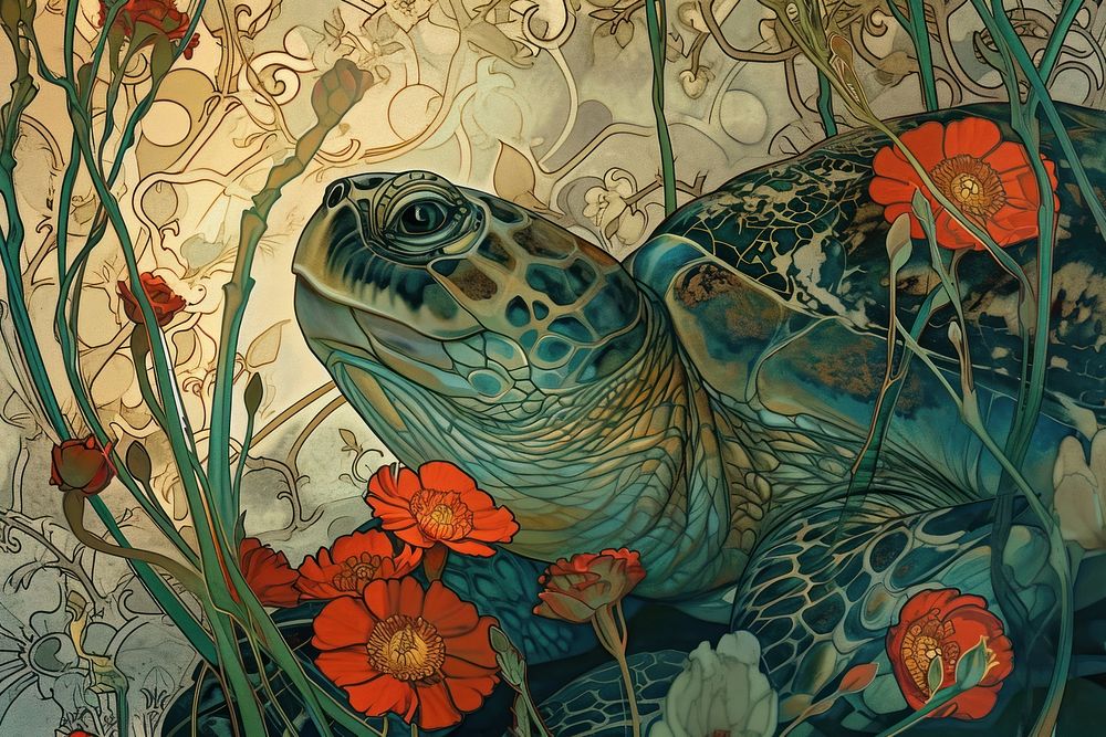 Turtle and flowers turtle art tortoise.