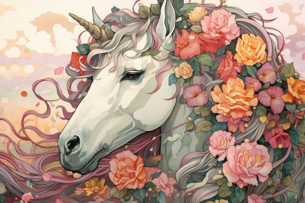 Unicorn and flowers art illustrated painting.