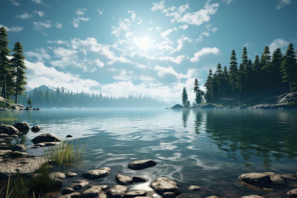 Lake wilderness landscape sunlight.