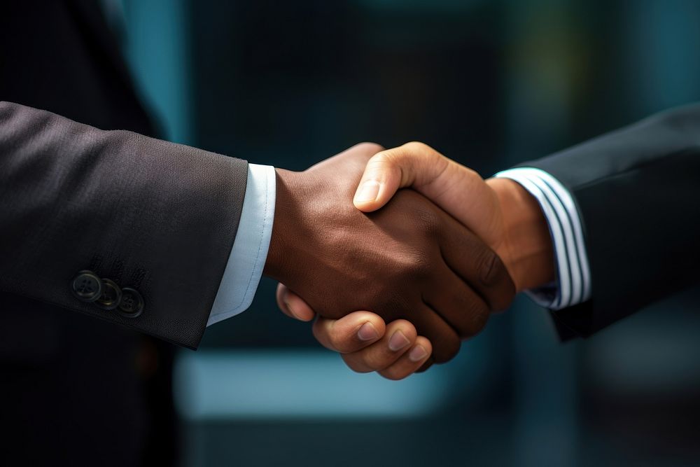 American Business men hand holding handshake black agreement.