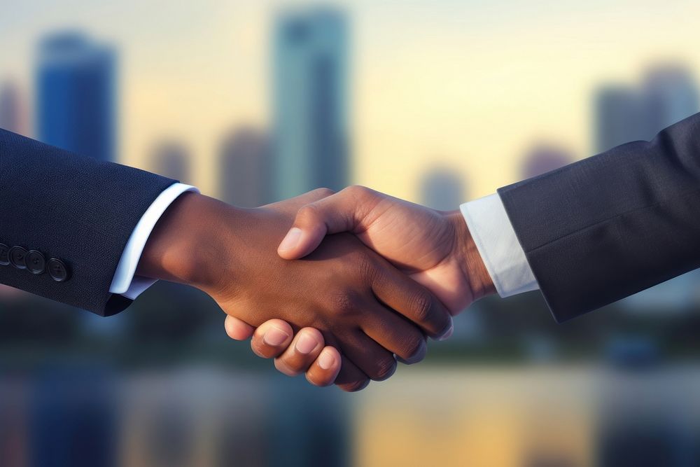 American Business men hand holding handshake city agreement.
