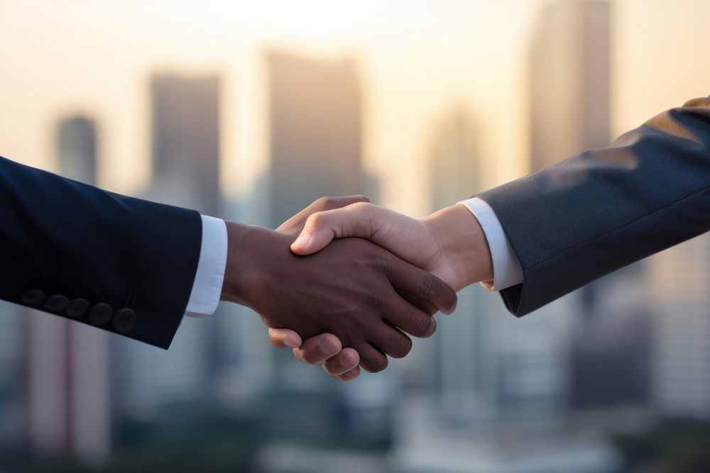 American Business men hand holding handshake adult city.