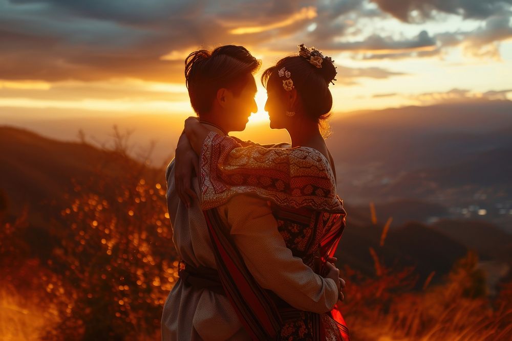 Bhutanese couple dancing outdoors wedding sunset.
