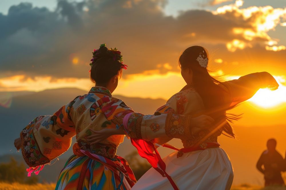 Bhutanese couple dancing sunset adult togetherness.