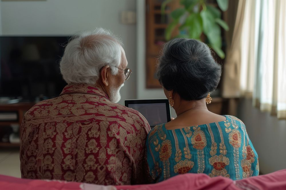 Elderly Middle Bangladeshi couple using tablet conversation adult photo.