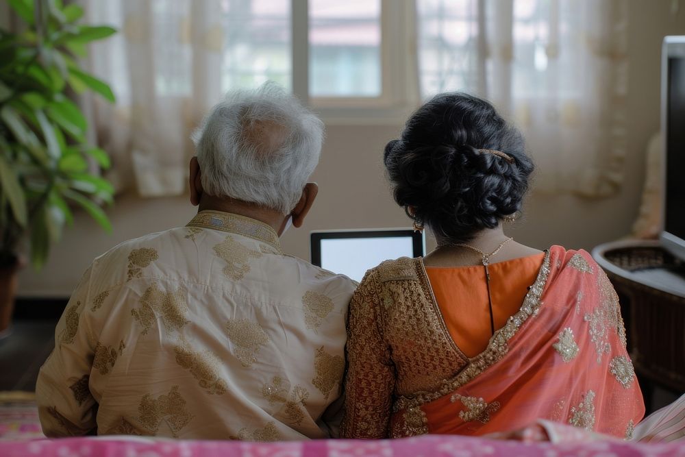 Elderly Middle Bangladeshi couple using tablet adult love togetherness.