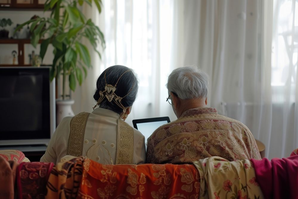 Elderly Middle Bangladeshi couple using tablet television adult love.