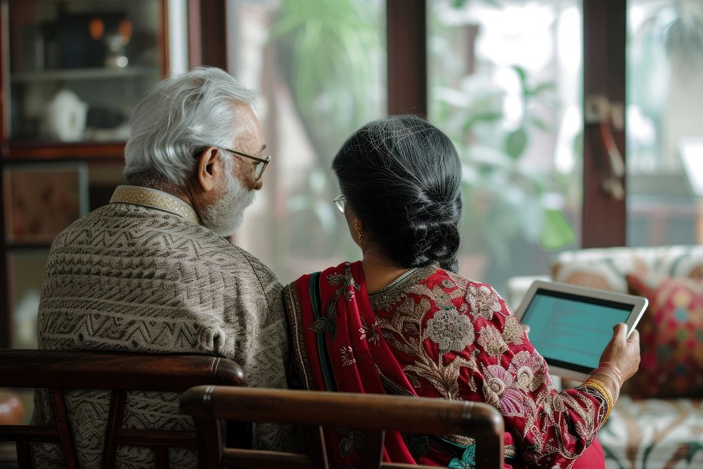 Elderly Middle Bangladeshi couple using tablet conversation computer adult.