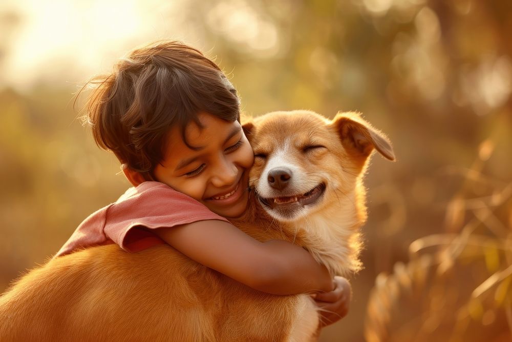 Indian kid hugging dog portrait smiling mammal.