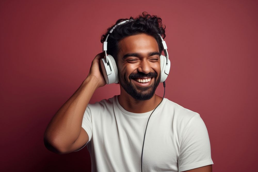 Indian man headphones laughing headset.