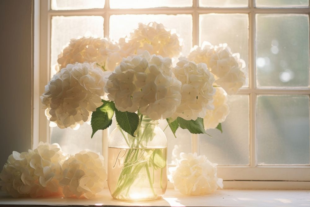 White hydrangea arranging in a jar windowsill flower plant.