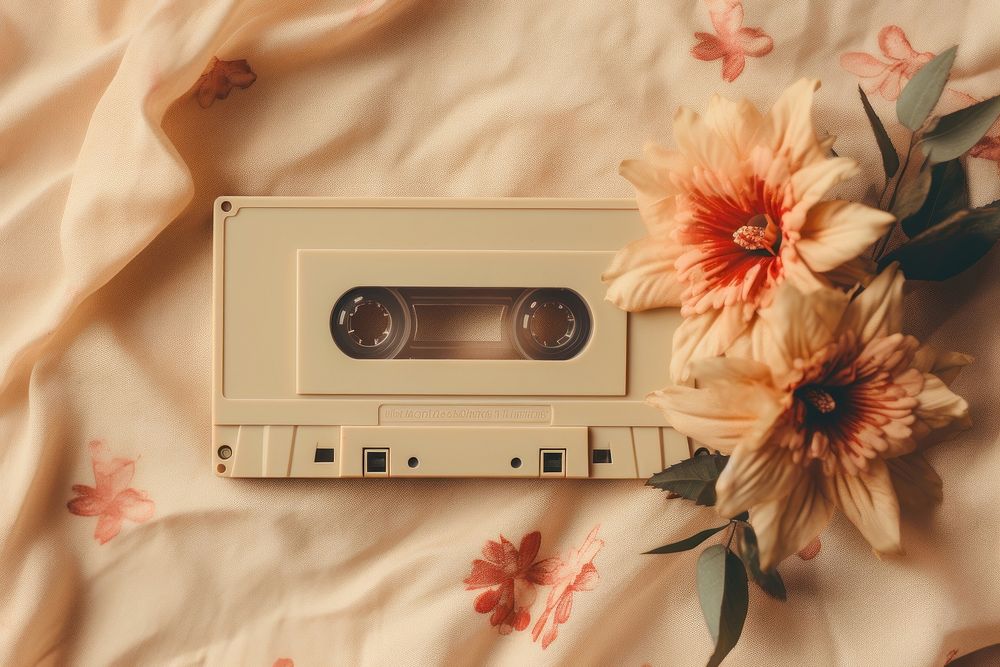 Cassette tape with flower on a beige linen fabric plant technology gramophone.