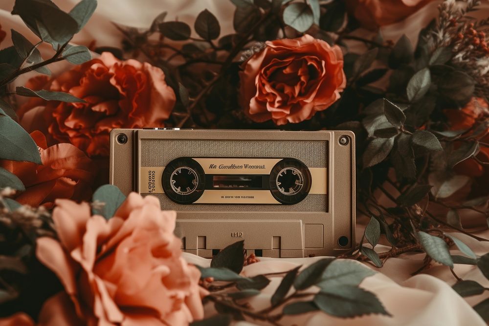 Cassette tape with flower on a beige linen fabric plant rose electronics.