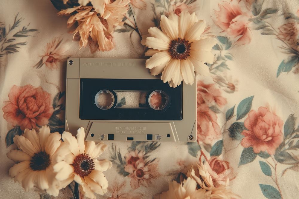 Cassette tape with flower on a beige linen fabric plant inflorescence technology.