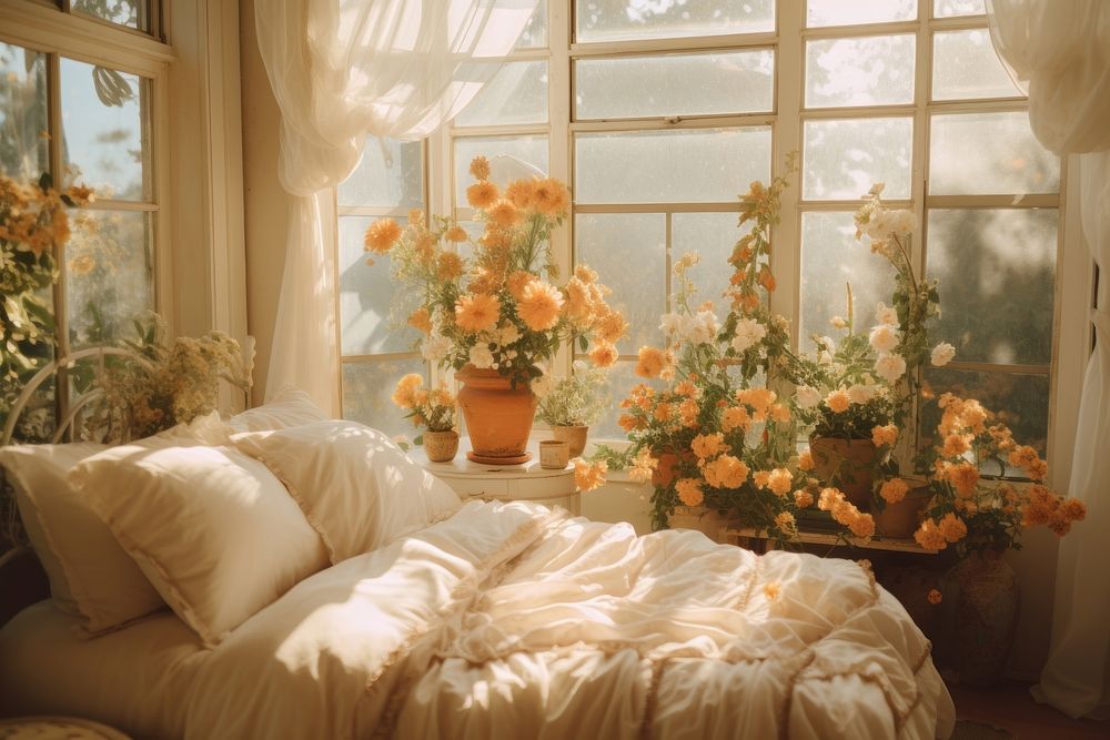 Elegant bedroom the sun shines in furniture window pillow.