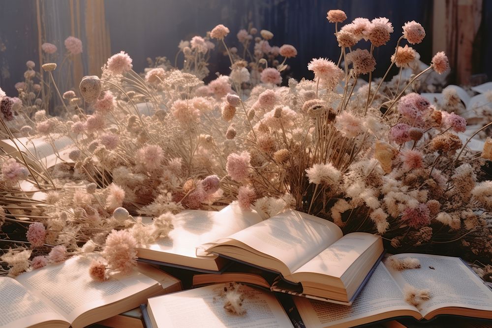 Many open books dried flowers inside publication plant freshness.