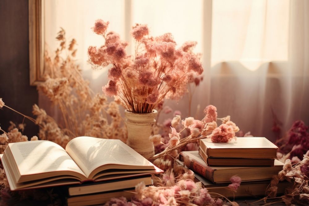 Many open books dried flowers inside publication plant literature.
