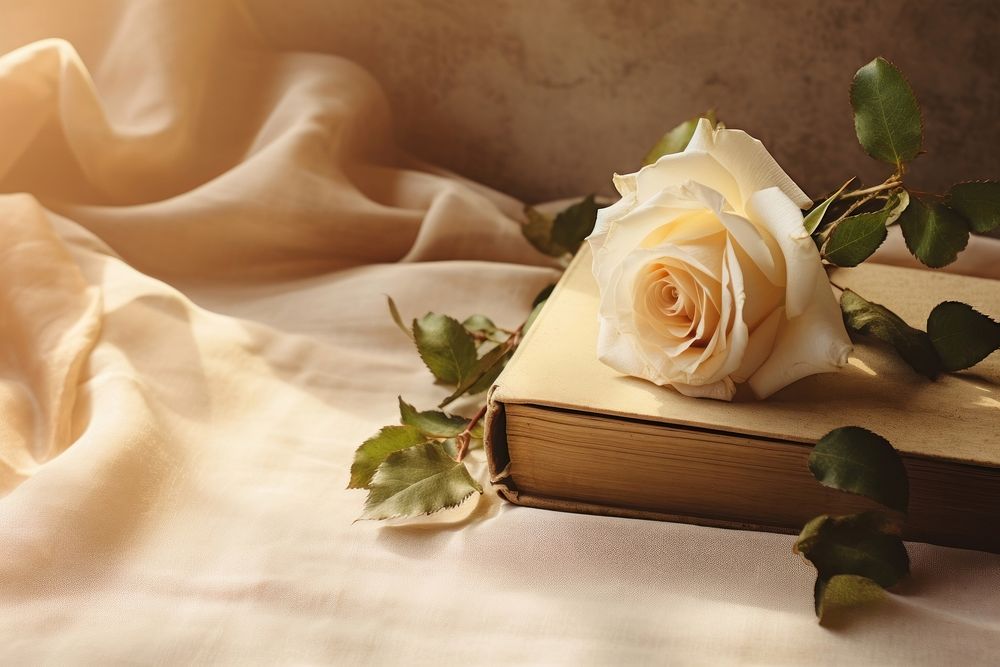 Magazine with white rose on a beige linen fabric and the sun shines in publication flower plant.
