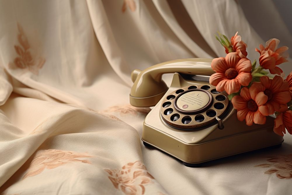 Old telephone on a beige linen fabric flower plant electronics.