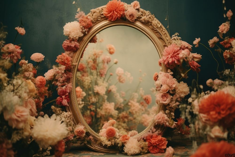 Old vintage mirror surrounded by flowers plant centrepiece photography.