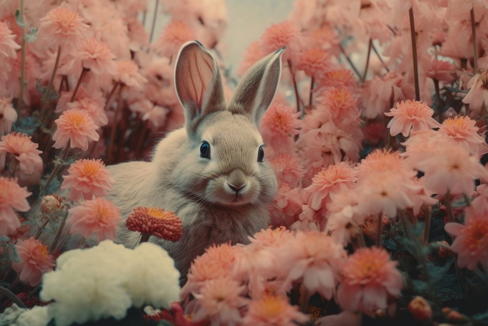 Rabbit in flower garden outdoors animal mammal.