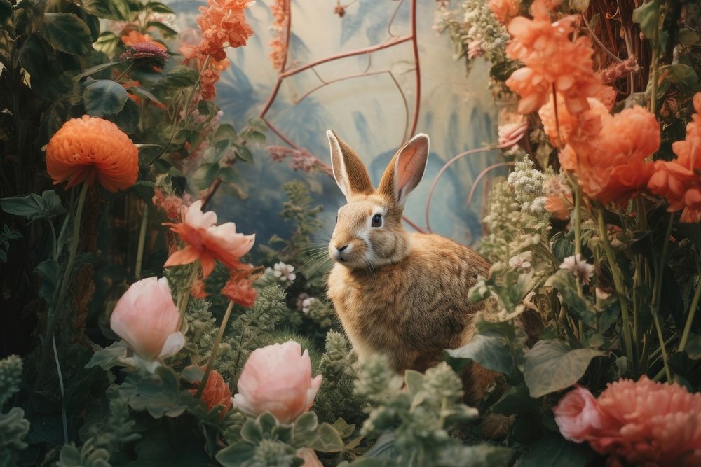 Rabbit in flower garden animal mammal rodent.