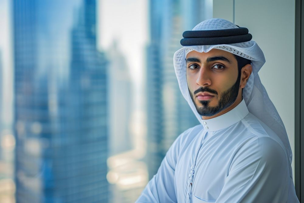 Business photo of middle east man clothing city architecture.