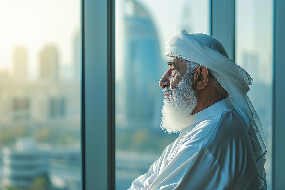 Business photo of middle east old man adult city contemplation.