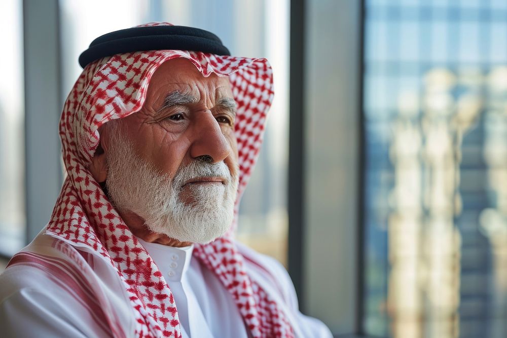 Business photo of middle east old man adult city traditional clothing.