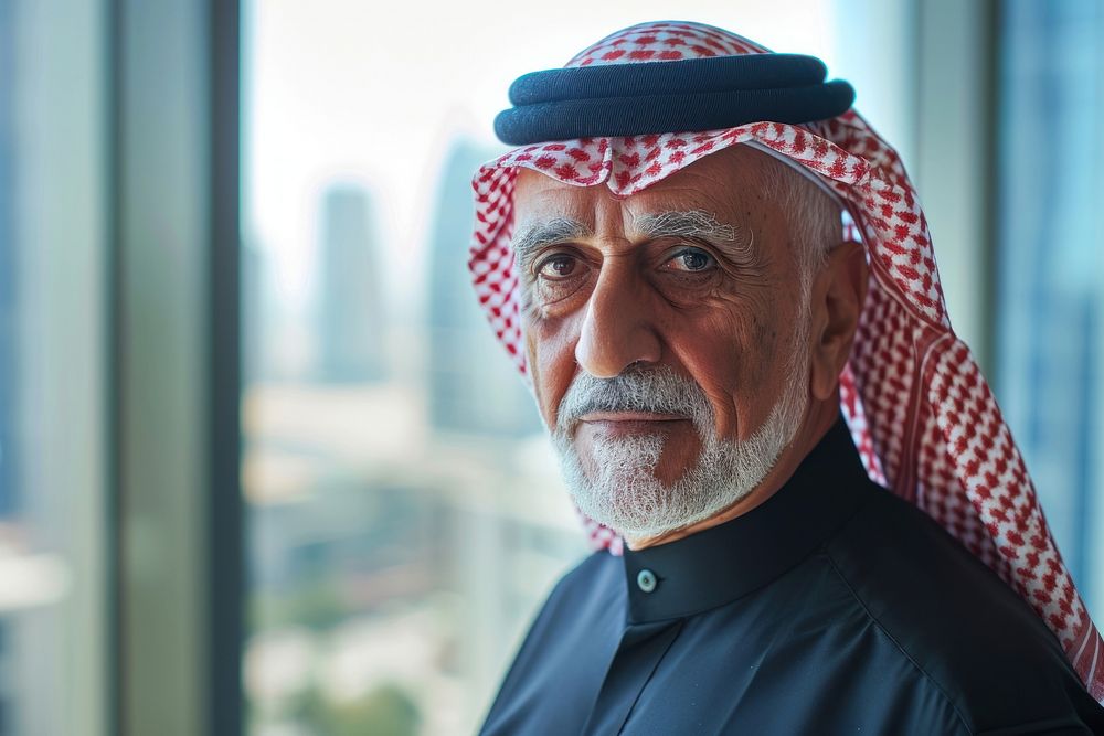 Business photo of arab old man clothing city architecture.