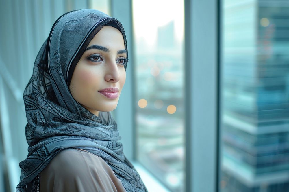 Business photo of arab woman clothing scarf city.