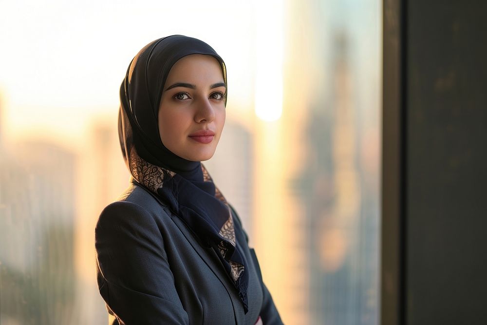 Business photo of arab woman portrait city contemplation.