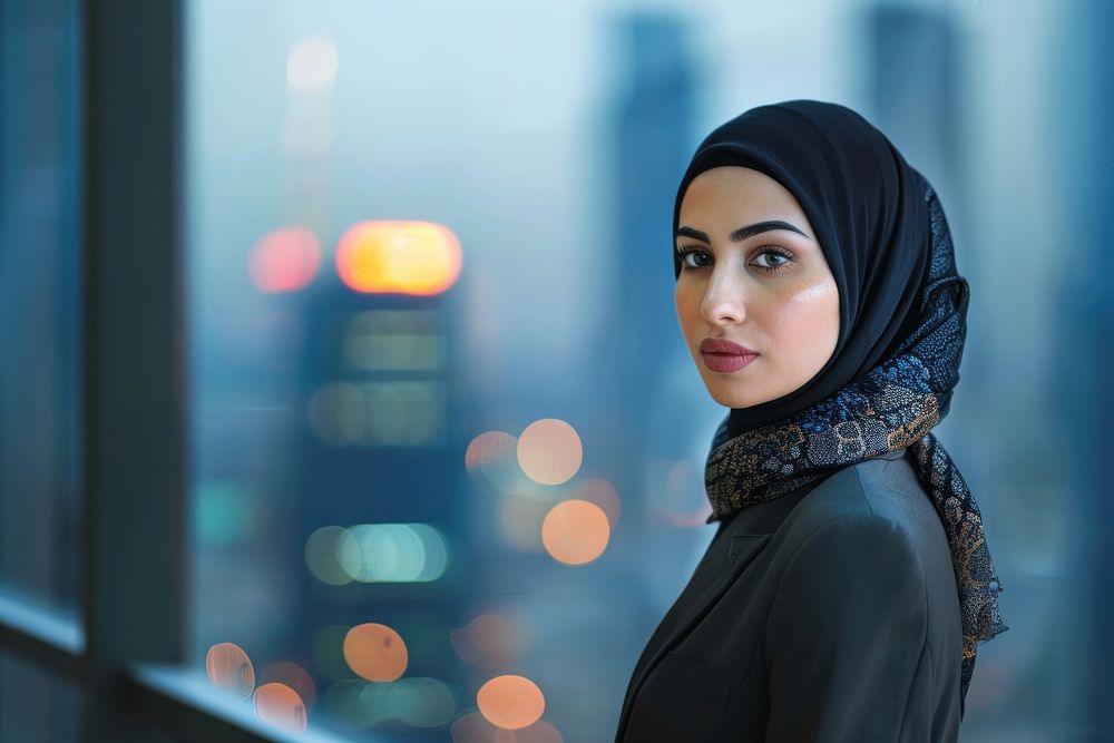 Business photo of saudi woman portrait city contemplation.