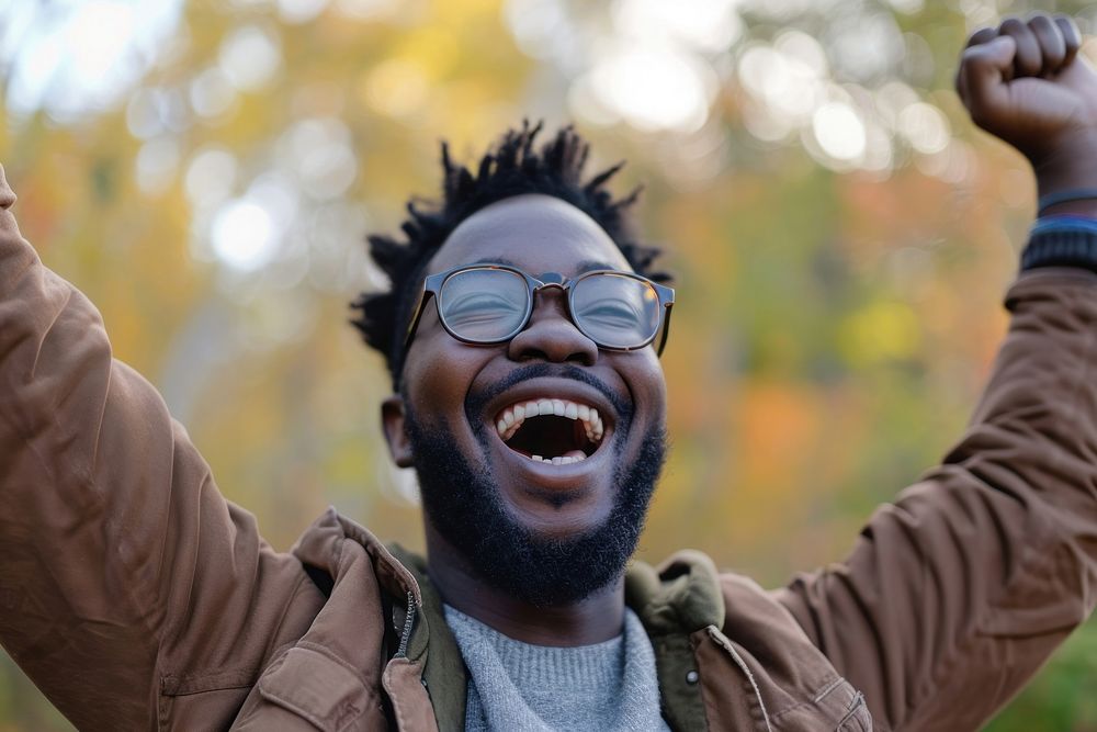 Black man and excited happiness laughing glasses.