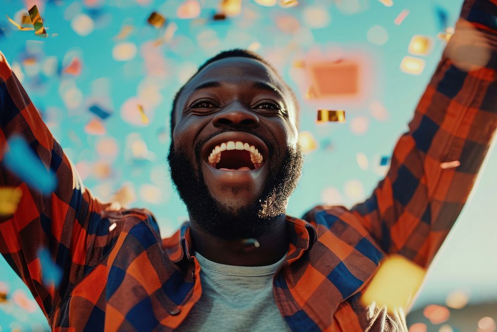 Black man and excited happiness laughing person.