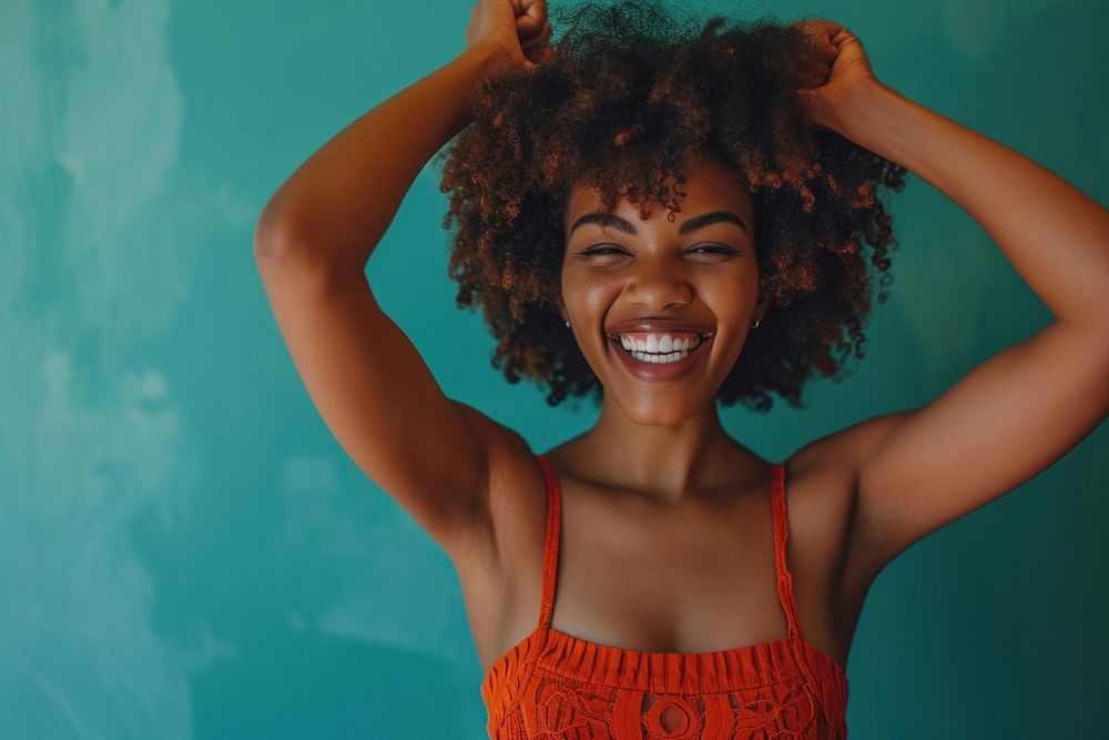 Black woman and excited smile happiness laughing.