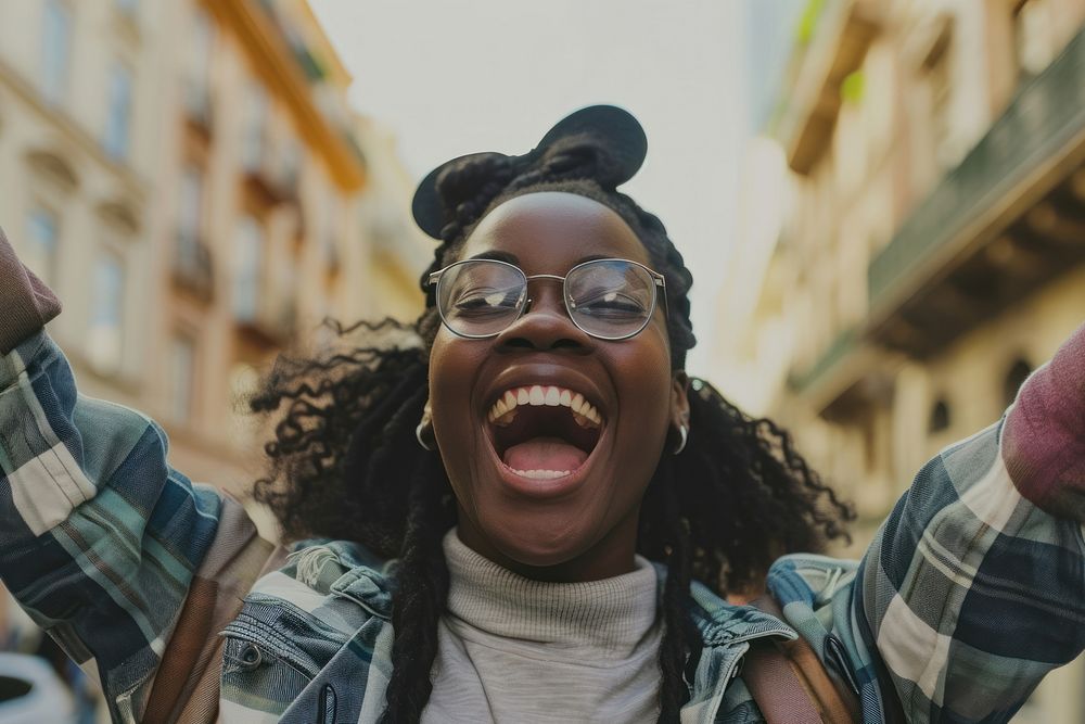 Black woman and excited happiness laughing glasses.