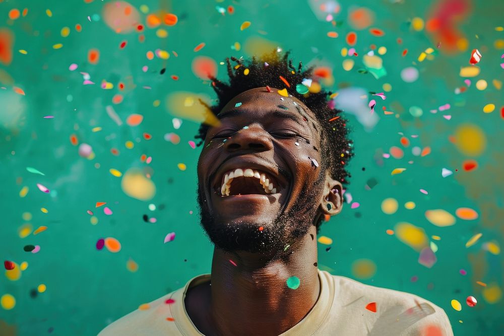 Cheerful black man with confetti enjoying cheerful laughing adult.