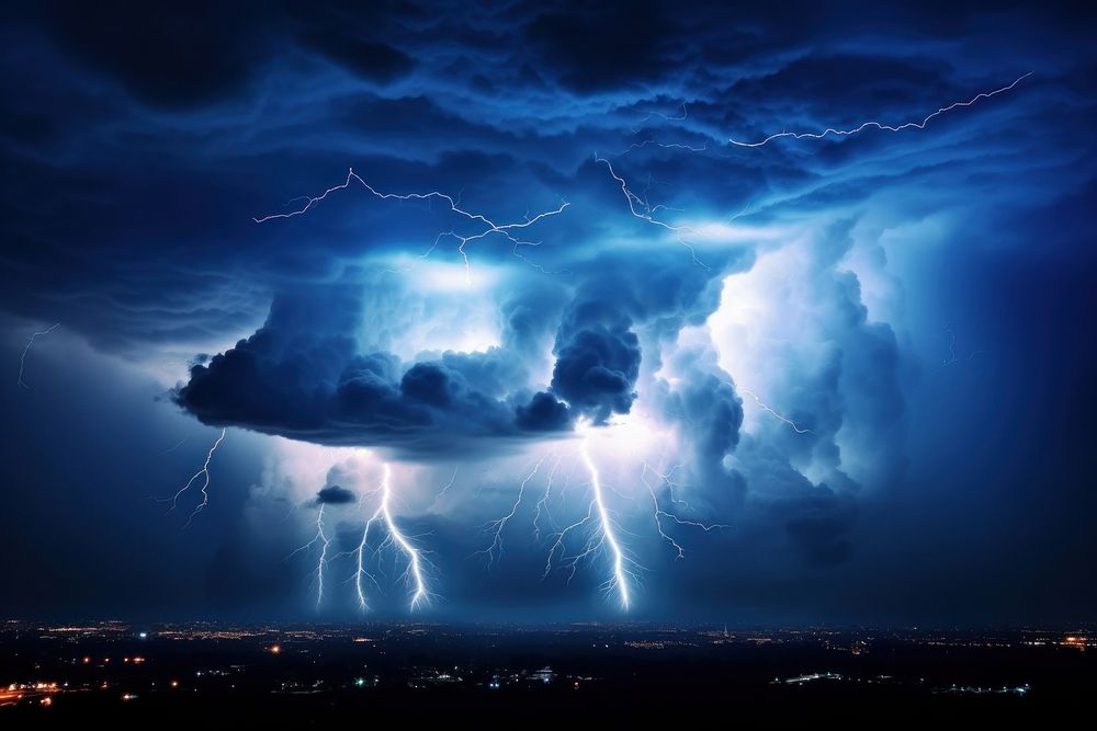Dark cloudy sky thunderstorm lightning outdoors. AI generated Image by rawpixel.