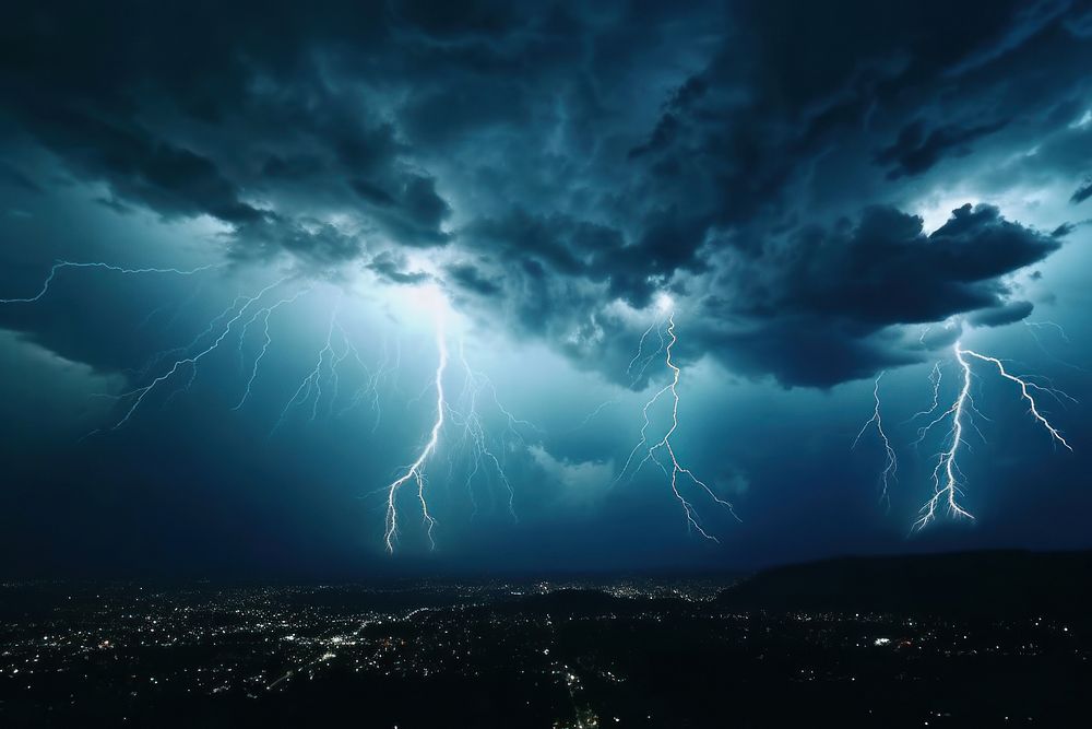 Dark cloudy sky thunderstorm lightning outdoors. AI generated Image by rawpixel.