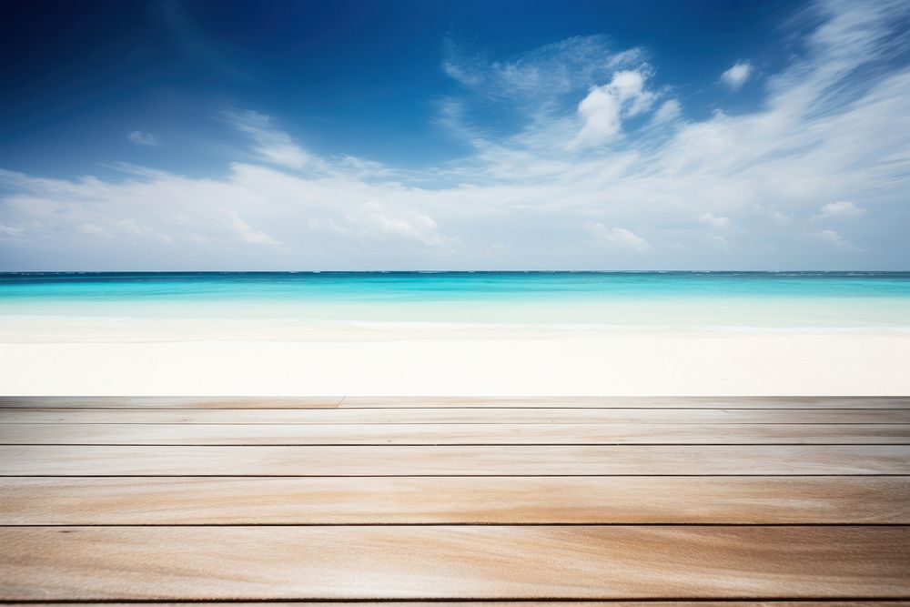 White wooden table beach backgrounds landscape. AI generated Image by rawpixel.